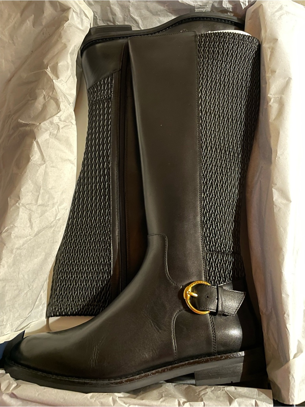 Cole Haan Black Leather Tall Riding Boots with Gold Buckle Accent